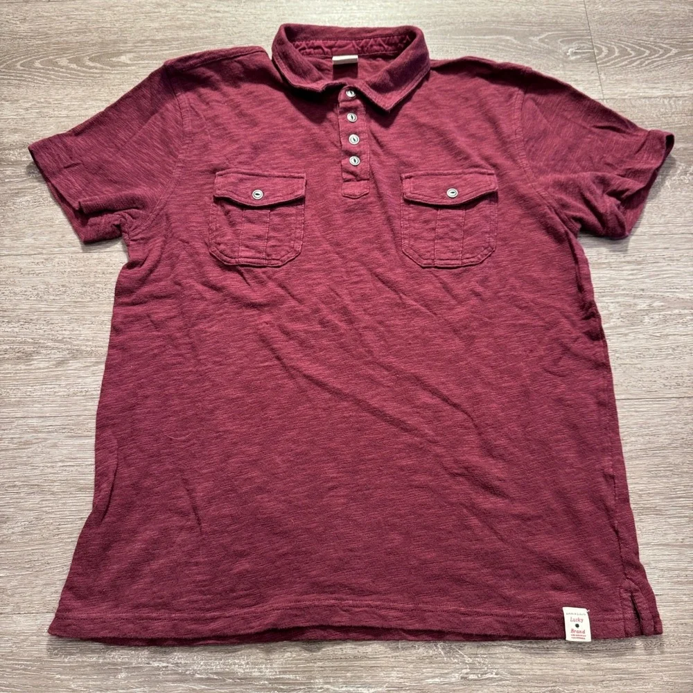 Lucky Brand Polo Shirt Mens M Burgundy Red 100% Cotton Slub Knit Outdoor Pockets